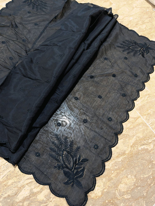 Black Voile Lawn 4-Sided Scallop Dupatta with Black Polyester Embroidery
