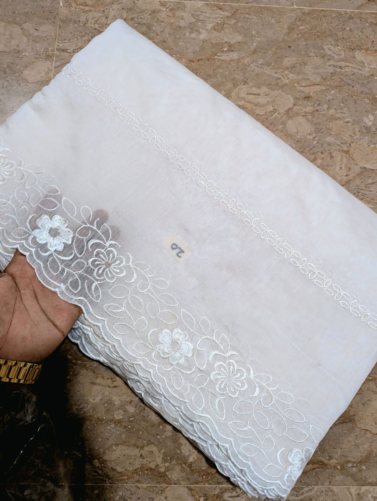 White Voile Lawn Scallop Dupatta with White Viscose Embroidery – Dyeable