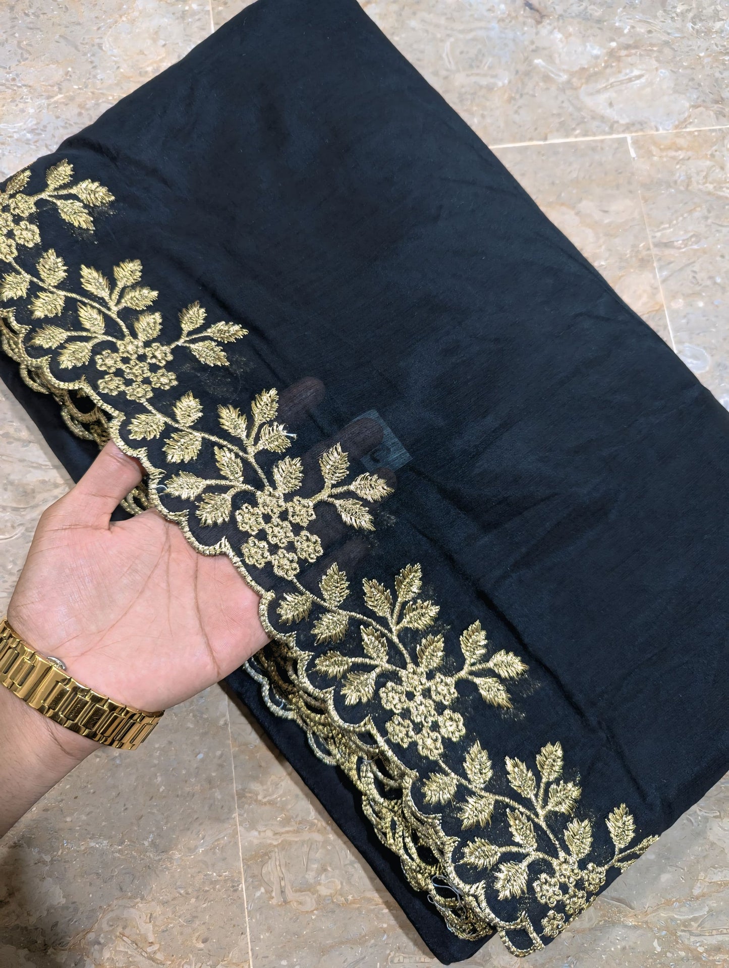 Black Voile Lawn Scallop Dupatta with Golden Embroidery