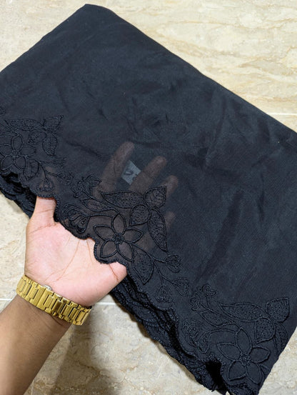 New Black Voile Lawn Scallop Embroidered Dupatta with Black Embroidery