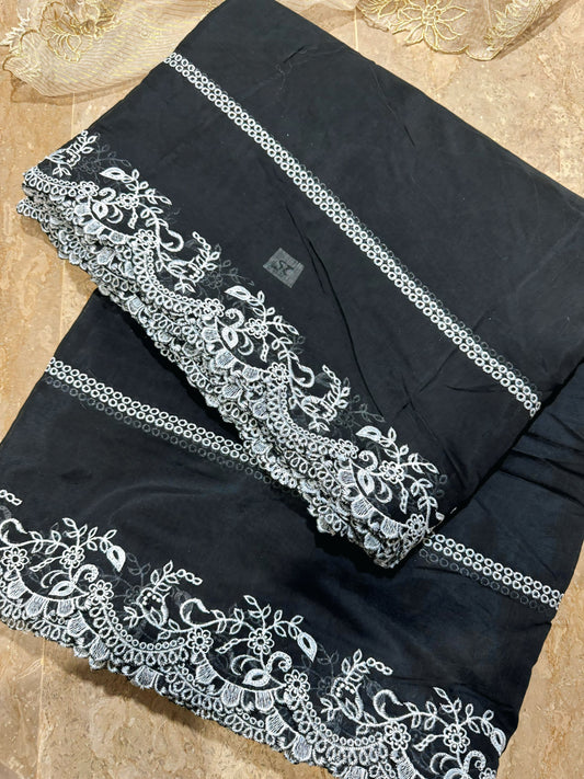 Black Voile Lawn Scallop Dupatta with White Embroidery