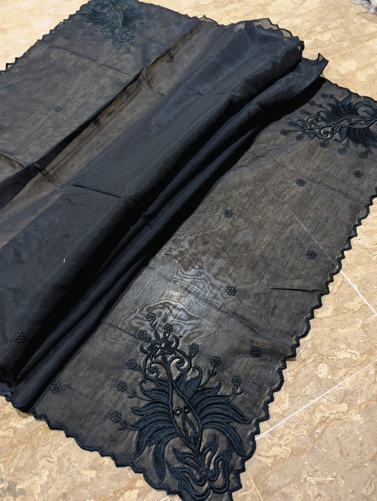 Black Voile Lawn 4-Sided Scallop Dupatta with Black Polyester Embroidery