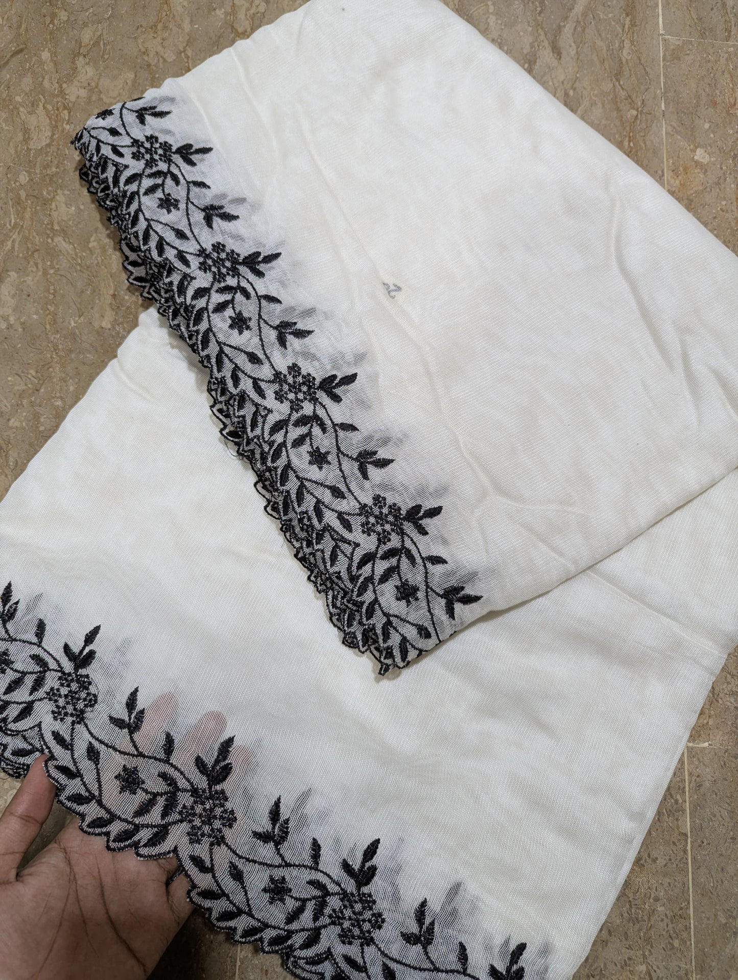 White Embroidered Cutwork Dupatta on Khadi Net with Black – Dyable