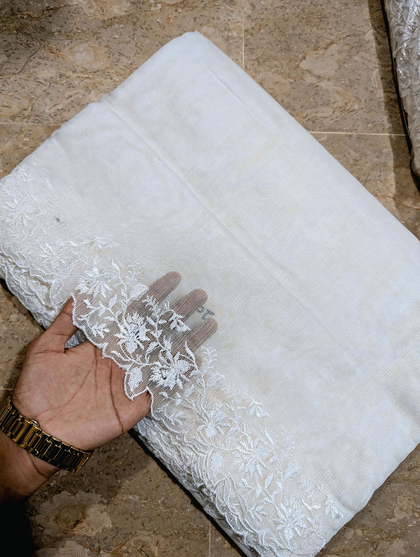 White Khadi Net Scallop Dupatta – Dyable, Viscose Embroidery