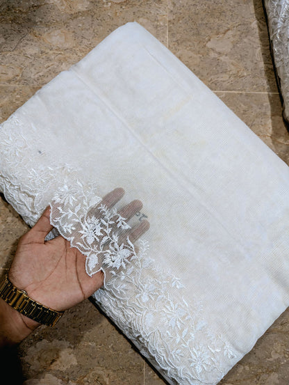 White Khadi Net Scallop Dupatta – Dyable, Viscose Embroidery