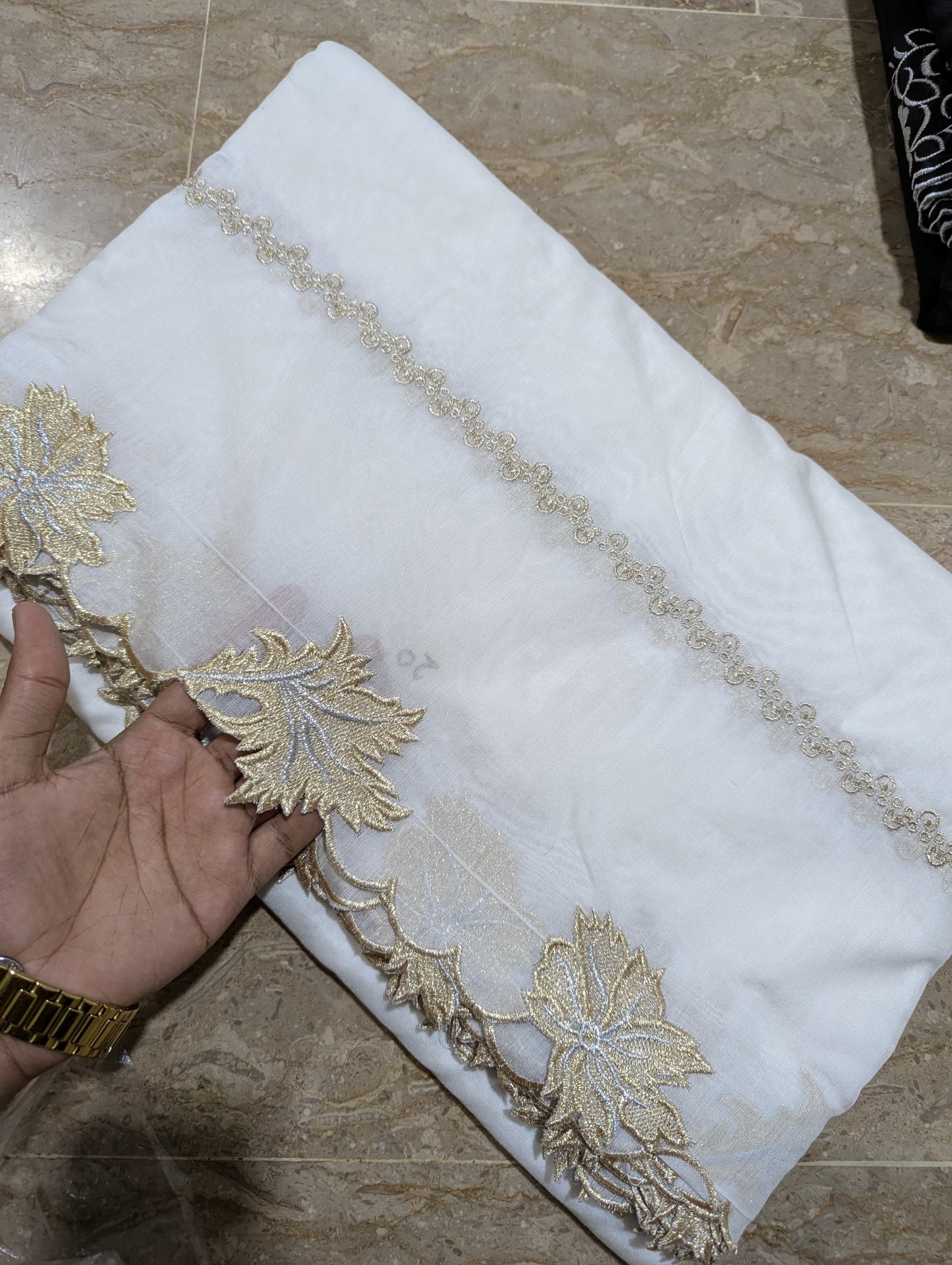 White Voile Lawn Scallop Dupatta with Gold & Silver Two-Tone Embroidery – Dyeable