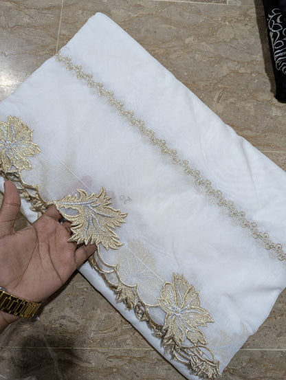 White Voile Lawn Scallop Dupatta with Gold & Silver Two-Tone Embroidery – Dyeable