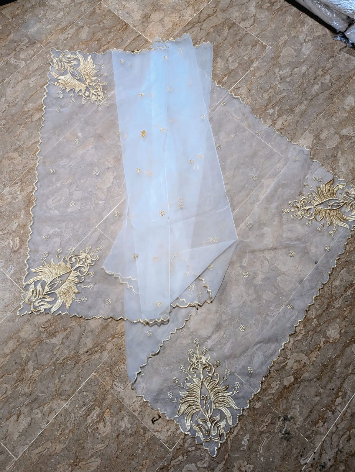 White Organza 4-Sided Scallop Dupatta with Golden Zari Embroidery