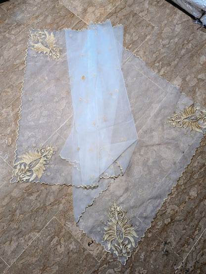 White Organza 4-Sided Scallop Dupatta with Golden Zari Embroidery