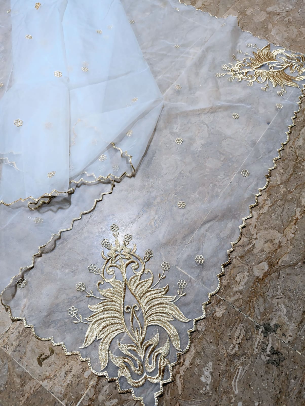 White Organza 4-Sided Scallop Dupatta with Golden Zari Embroidery