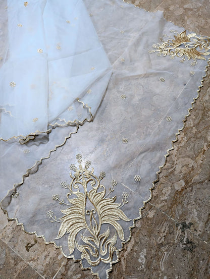 White Organza 4-Sided Scallop Dupatta with Golden Zari Embroidery