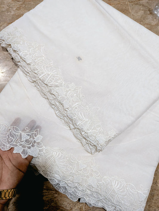 White Voile Lawn Scallop Dupatta with White Viscose Embroidery – Dyeable