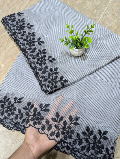 Dyeable White Black Self Lining Organza Scallop Dupatta with Black Embroidery