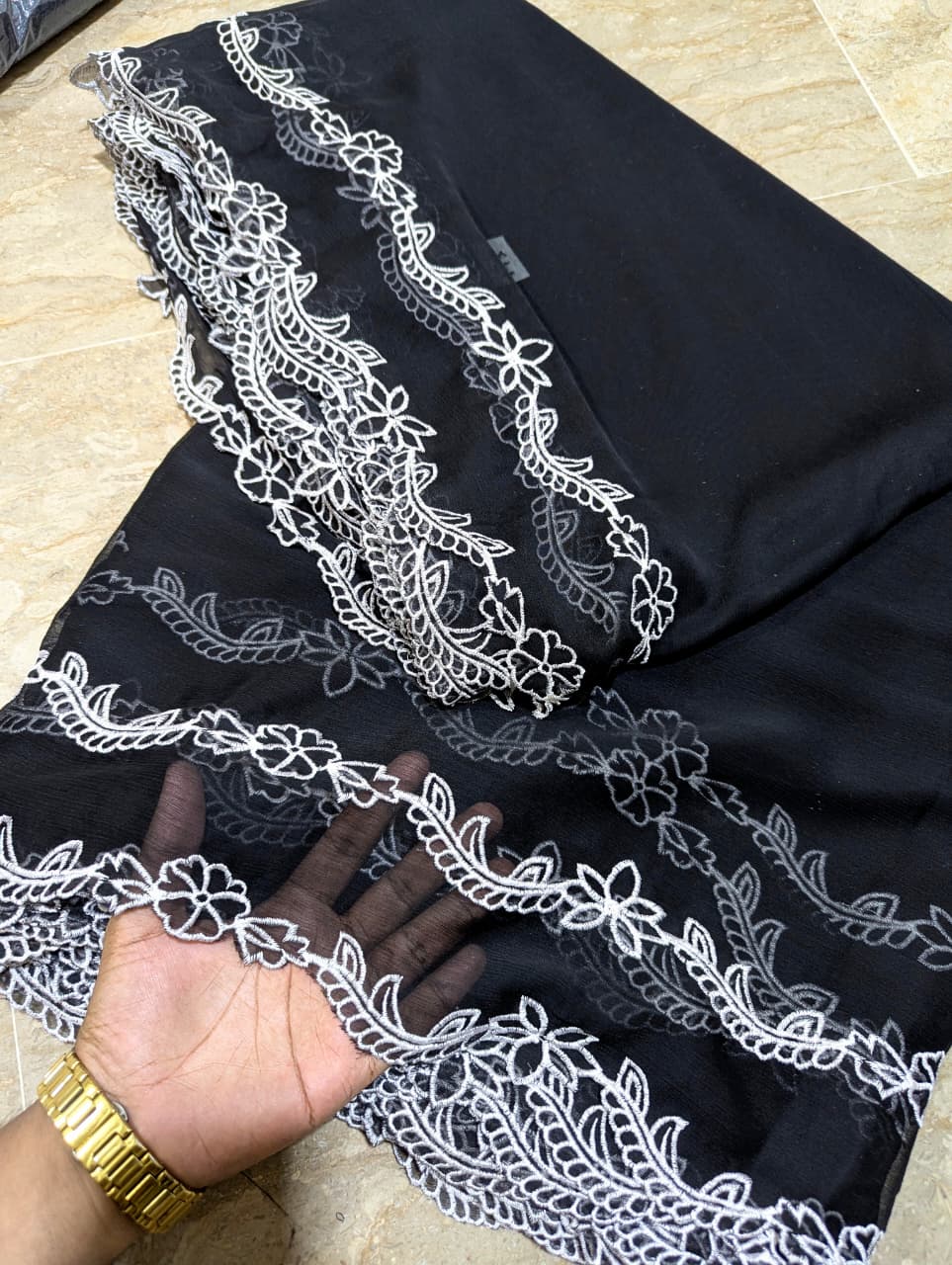 Black Chiffon Cutwork Dupatta with White Embroidery - Premium Quality