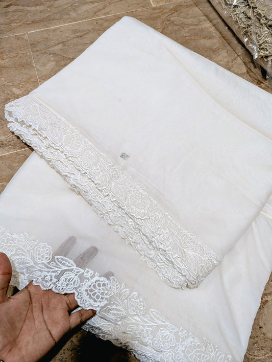 White Voile Lawn Scallop Dupatta with White Viscose Embroidery – Dyeable