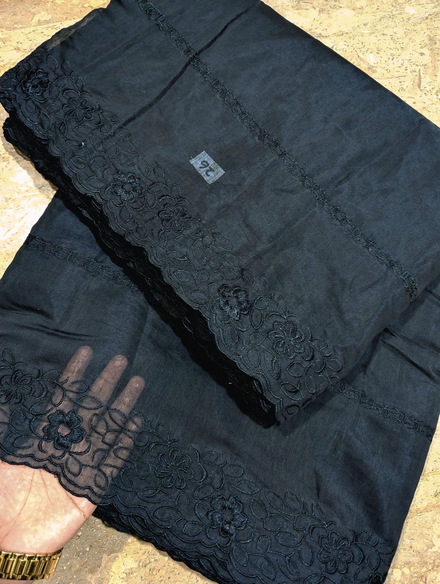 Black Voile Lawn Scallop Embroidered Dupatta with Black Embroidery