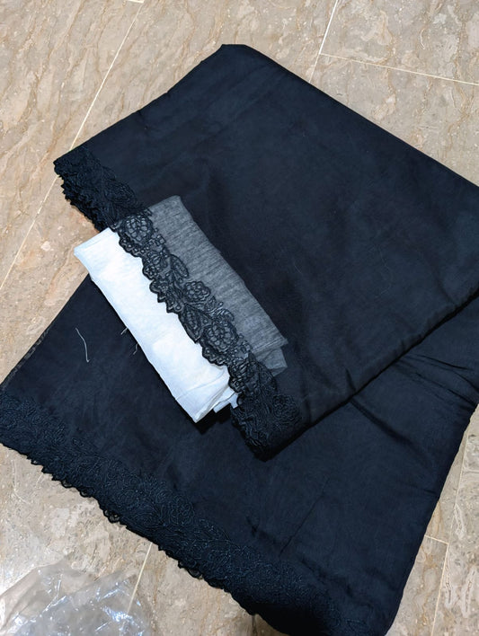 Black Voile Lawn Scallop Embroidered Dupatta