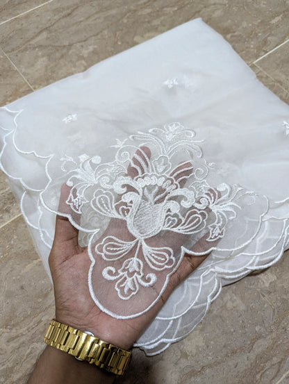 New White Organza 4-Sided Scallop Dupatta with Dyeable White Viscose Embroidery
