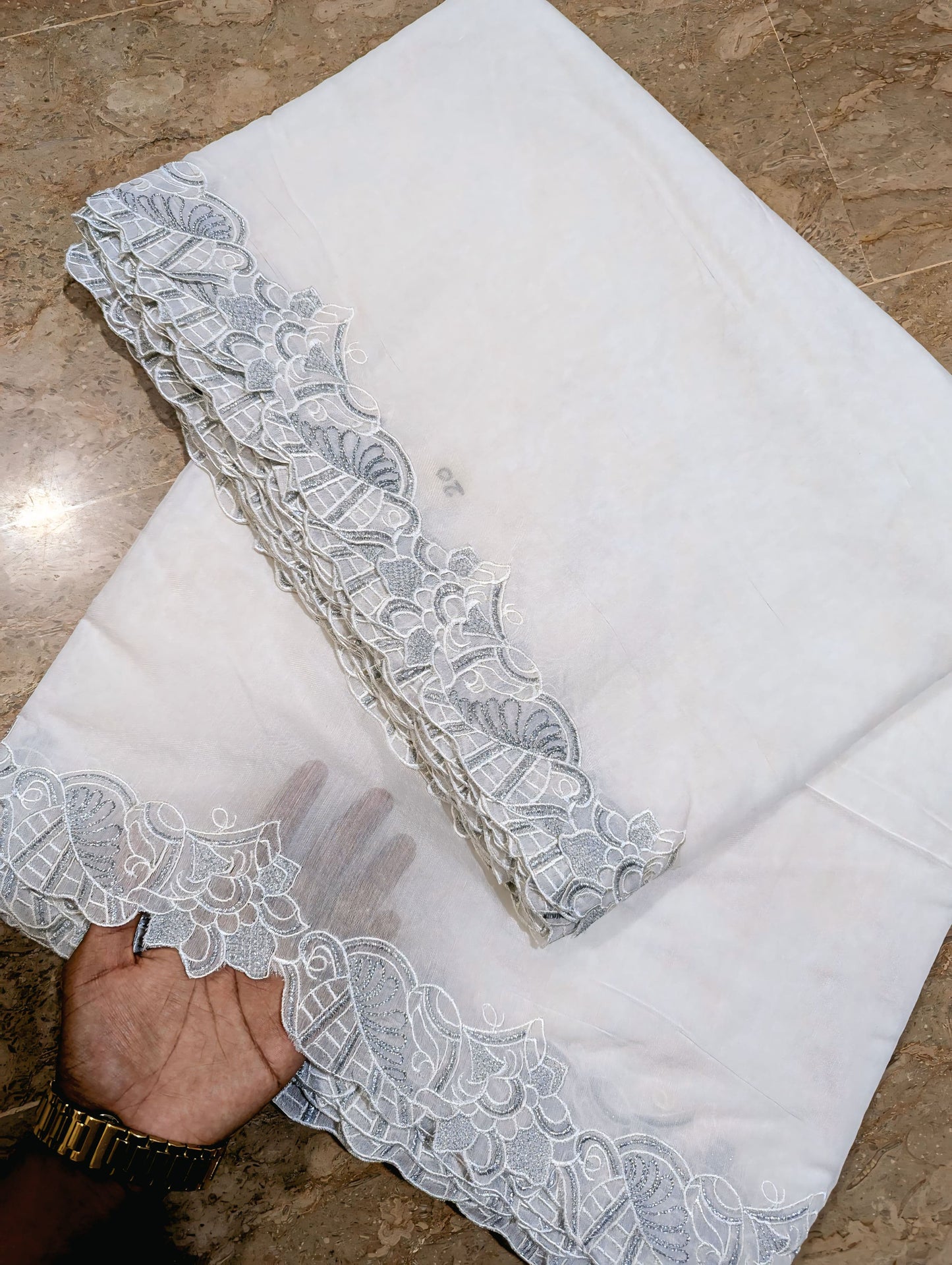 White Voile Lawn Scallop Dupatta with White & Silver Two-Tone Embroidery – Dyeable