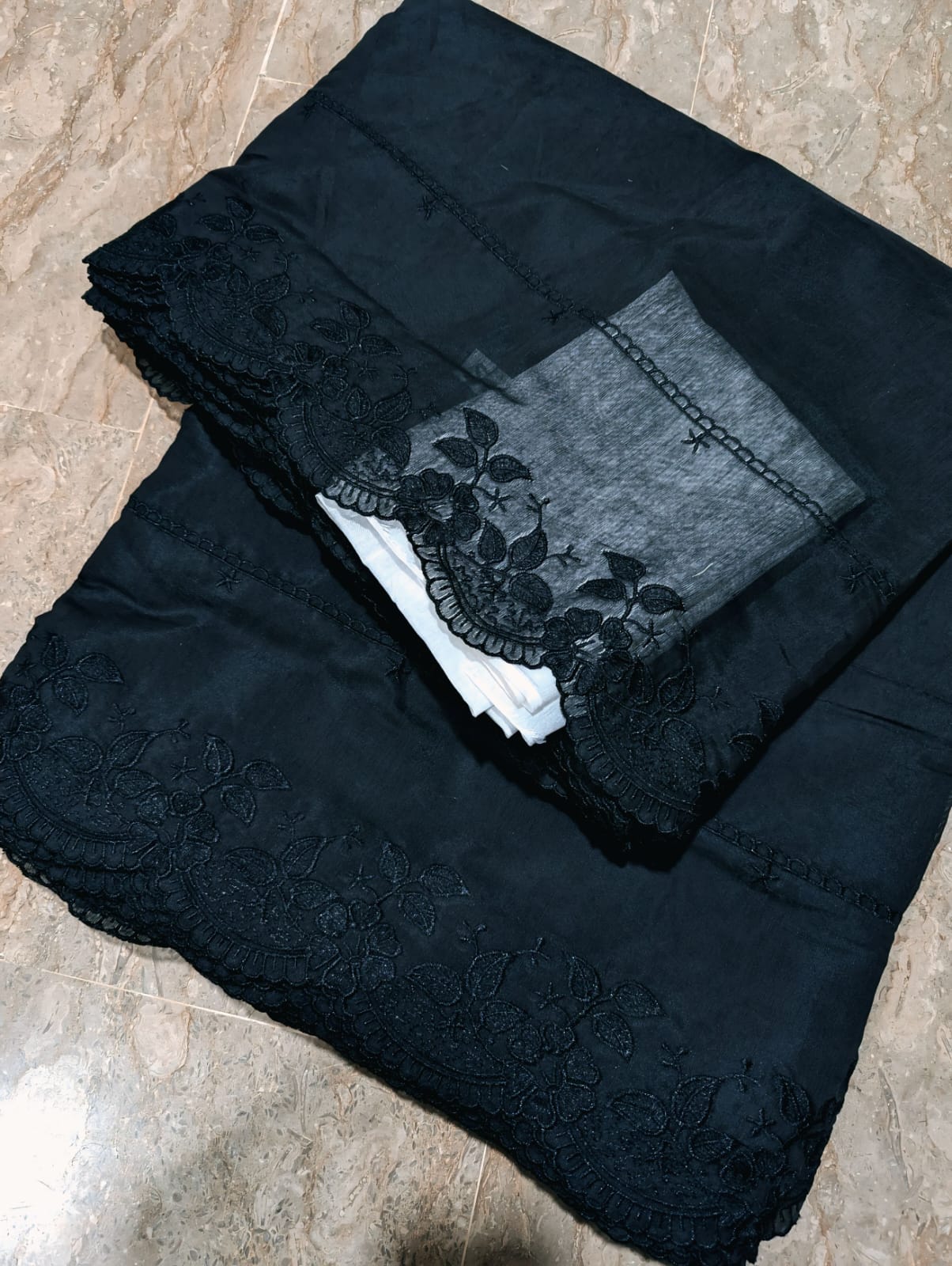 Black Voile Lawn Scallop Embroidered Dupatta
