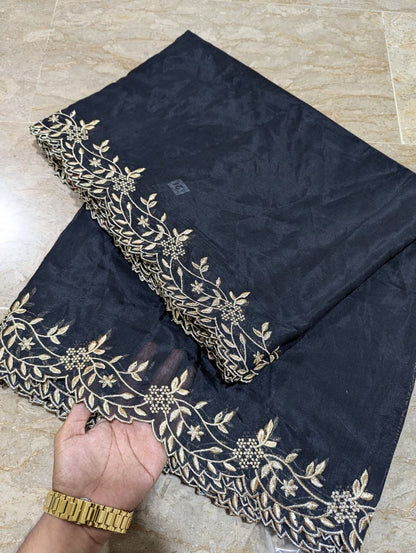 Black Voile Lawn Scallop Dupatta with Golden Embroidery