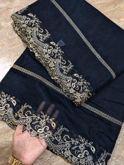 Black Voile Lawn Scallop Dupatta with Light Golden Embroidery