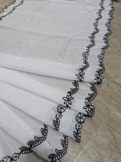 Voile Lawn Scalloped Dupatta with Black Embroidery