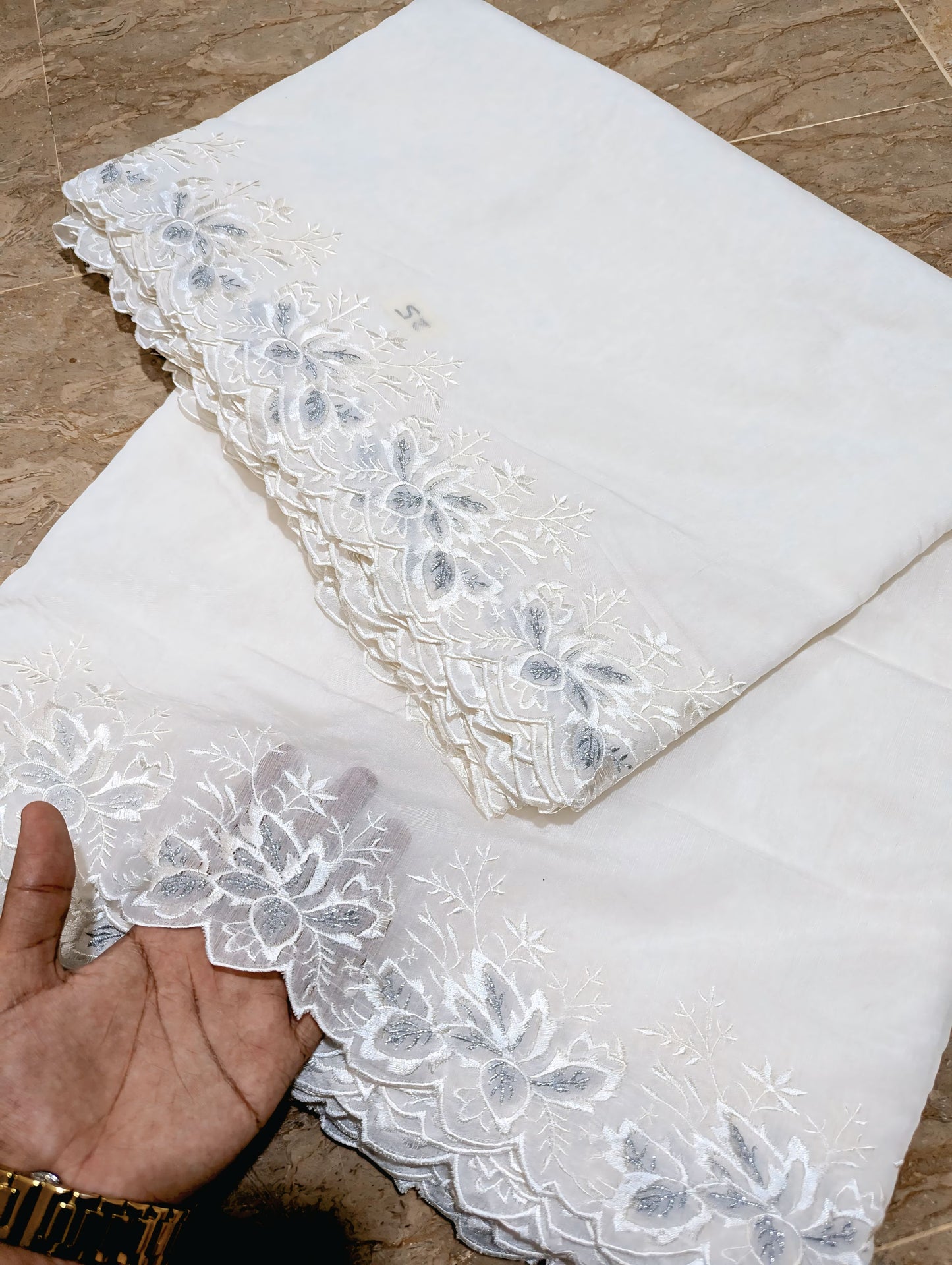 White Voile Lawn Scallop Dupatta with White & Silver Two-Tone Embroidery – Dyeable