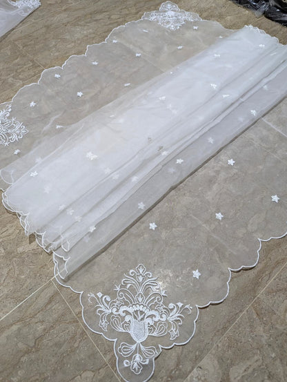 New White Organza 4-Sided Scallop Dupatta with Dyeable White Viscose Embroidery