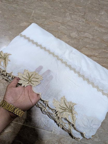 White Voile Lawn Scallop Dupatta with White & Tobacco Zari Two-Tone Embroidery – Dyeable