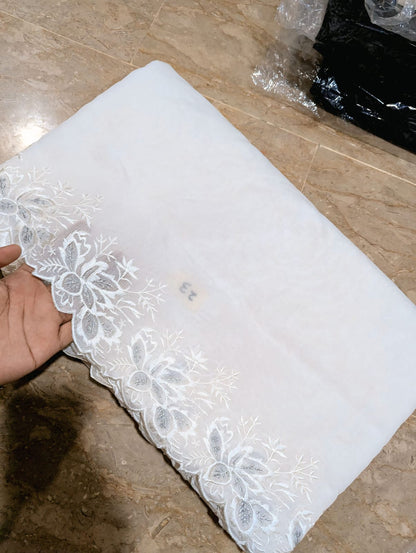 White Voile Lawn Scallop Dupatta with White & Silver Two-Tone Embroidery – Dyeable