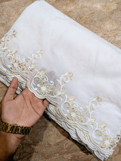 (New) White Voile Lawn Scallop Dupatta with White & Golden Two-Tone Embroidery – Dyeable