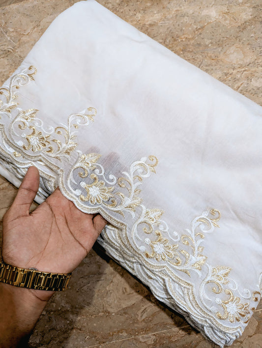 (New) White Voile Lawn Scallop Dupatta with White & Golden Two-Tone Embroidery – Dyeable