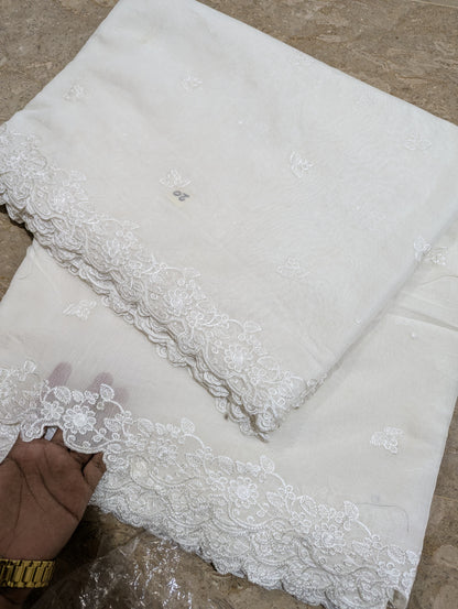 White Voile Lawn Scallop Dupatta with White Viscose Embroidery – Dyeable