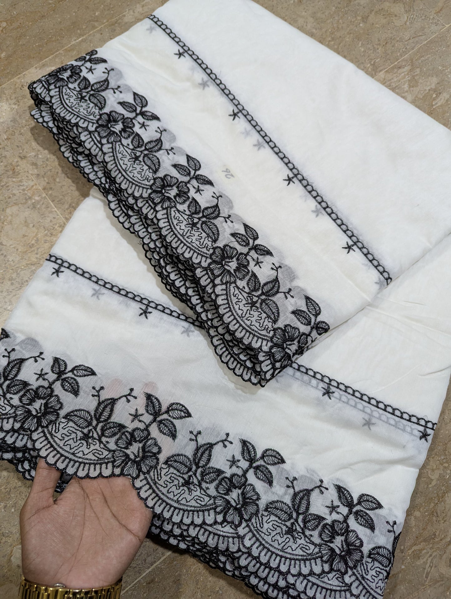 Dyeable White Voile Lawn Scallop Dupatta with Black Embroidery