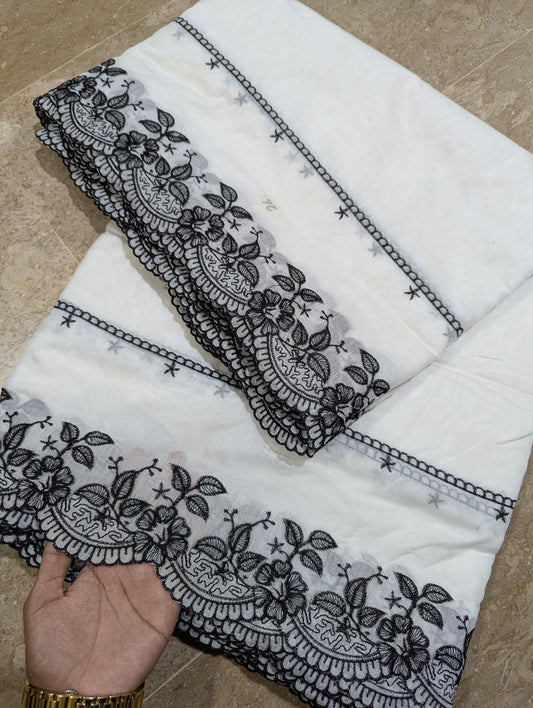 Dyeable White Voile Lawn Scallop Dupatta with Black Embroidery