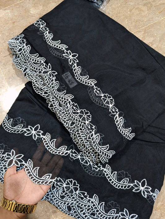 Black Voile Lawn Scallop Dupatta with White Embroidery