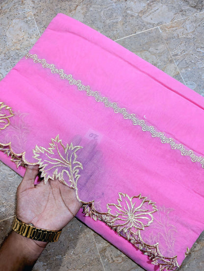 Premium Pink Voile Lawn Scallop Dupatta with Golden Embroidery