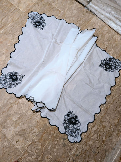 White Voile Lawn 4-Sided Scallop Dupatta with Black Embroidery – Dyeable