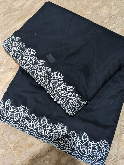 Black Voile Lawn Scallop Dupatta with White Embroidery