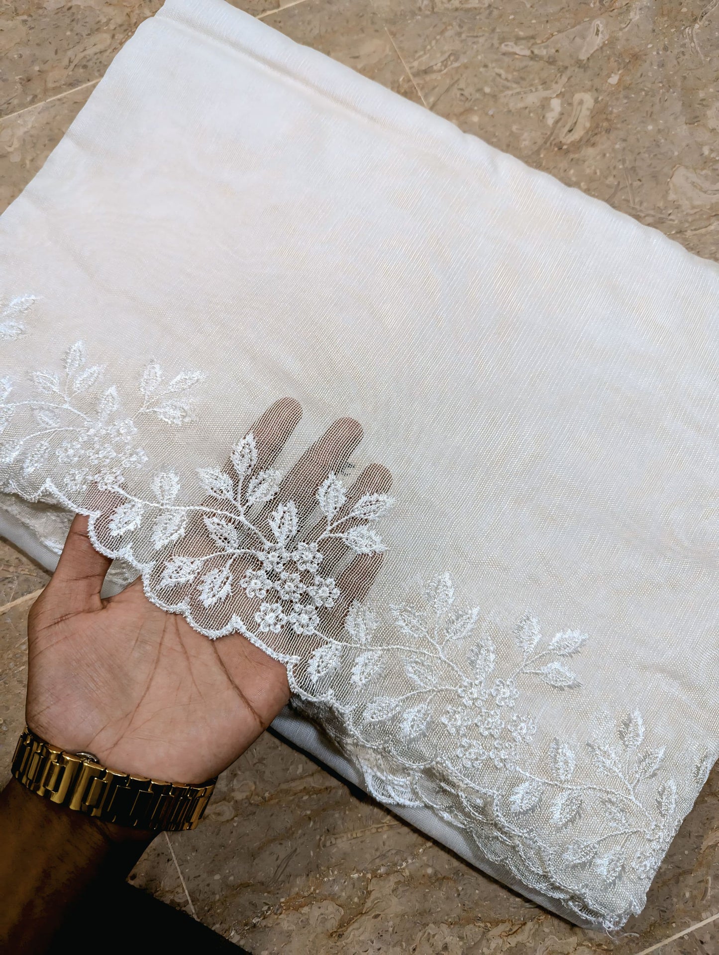 White Khadi Net Scallop Dupatta – Dyable, Viscose Embroidery