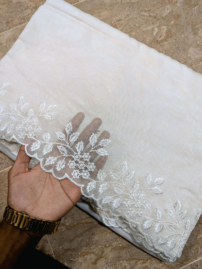 White Khadi Net Scallop Dupatta – Dyable, Viscose Embroidery