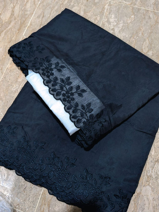 Scallop Embroidered Black Voile Lawn Dupatta – Premium Quality