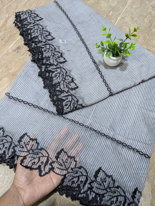 Dyeable White Black Self Lining Organza Scallop Dupatta with Black Embroidery