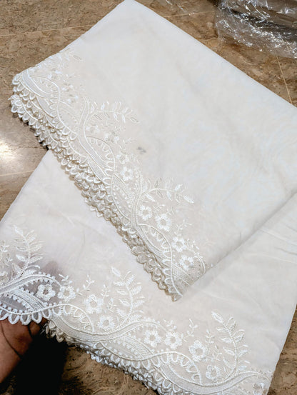 White Voile Lawn Scallop Dupatta with White Viscose Embroidery – Dyeable