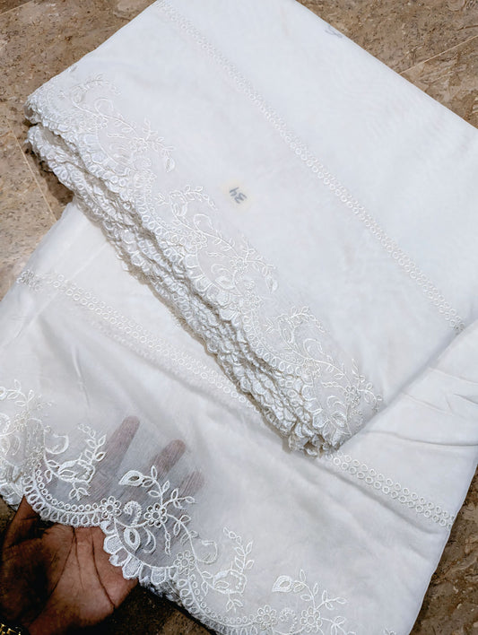 White Voile Lawn Scallop Dupatta with White Viscose Embroidery – Dyeable