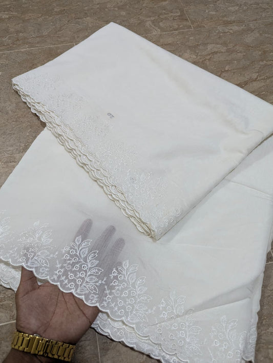 Dyeable White Voile Lawn Scallop Dupatta with White Viscose Embroidery