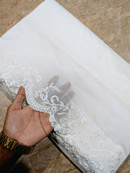 White Voile Lawn Scallop Dupatta with White Viscose Embroidery – Dyeable