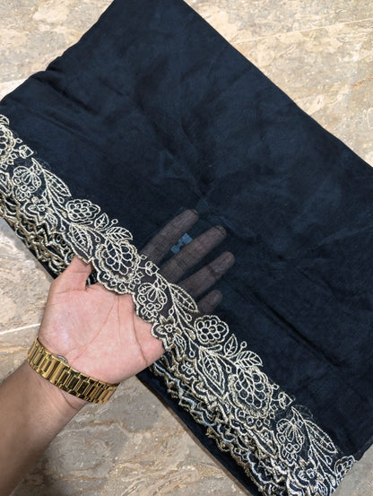 Black Voile Lawn Scallop Dupatta with Light Golden Embroidery