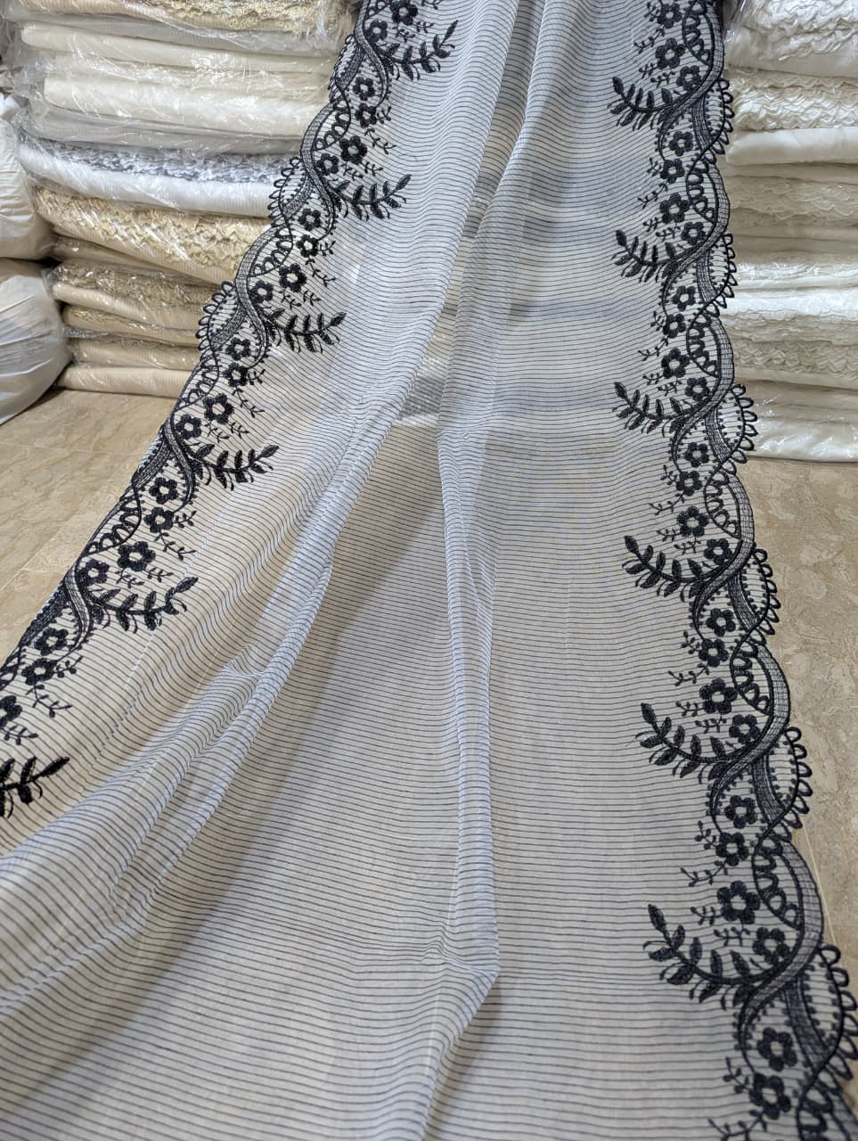 Dyeable White Organza with Black Self Lining Scallop Dupatta with Black Embroidery